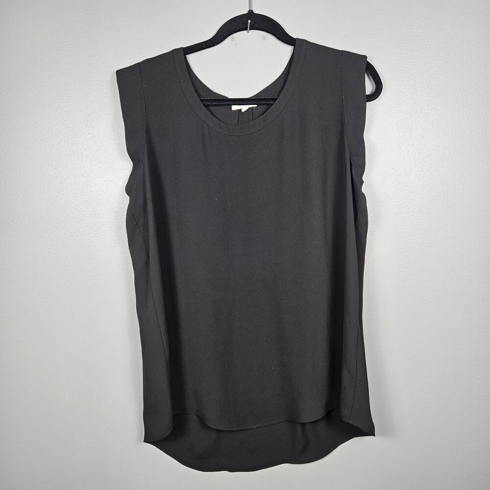 Pleione Womens L Sleeveless Blouse Scoop Neck Semi Sheer‎ High Low Office Black